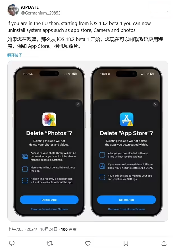 民和苹果手机维修分享iOS 18.2 支持删除 App Store 应用商店 